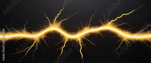 yellow arc lightning sparks abstract on plain black background banner with copy space