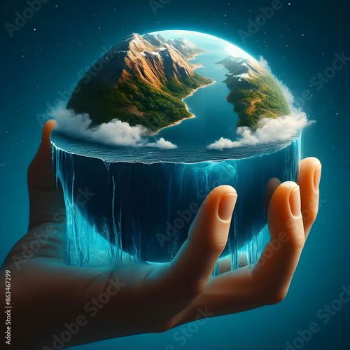 hand holding earth, Water is flowing from the earth, the earth is such that there are two mountains and a river in between.