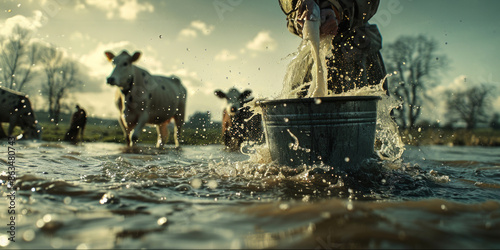 group of cows, led by a milkmaid, are standing in the calm water, their reflections rippling gently beneath them.