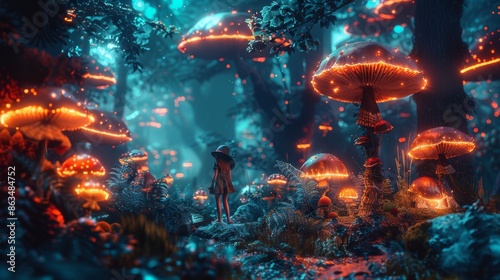 magical realm through fantasy graphic illustration featuring diminutive girl wearing wide brim hat. she stands captivated by the mesmerizing sight of orange glowing gigantic mushrooms.