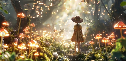 magical realm through fantasy graphic illustration featuring diminutive girl wearing wide brim hat. she stands captivated by the mesmerizing sight of orange glowing gigantic mushrooms.
