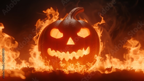 Spooky Halloween pumpkin glowing with a menacing grin surrounded by fiery flames, perfect for holiday and horror themes.