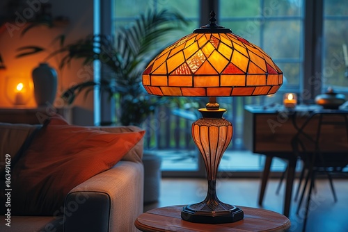 A lamp with a yellow shade sits on a table in a living room