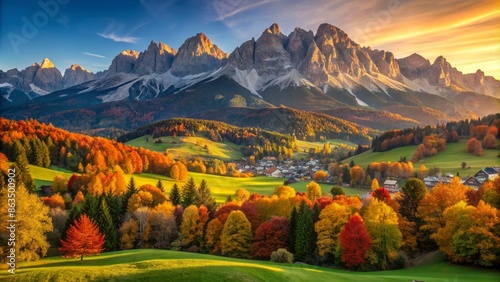 Vibrant autumn foliage adorns the majestic wilder kaiser mountains in tirol, austria, with golden light casting a warm glow on the serene alpine landscape.