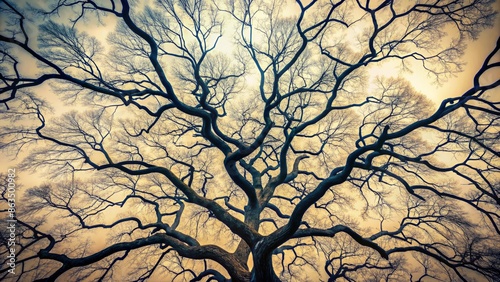 Dark, skeletal tree branches stretch towards the top of the frame, their tangled limbs starkly contrasting with the serene, creamy white background.