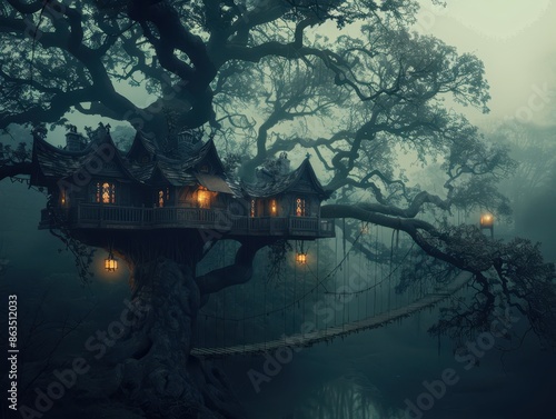 Enchanting Treehouse in Mystical Forest with Glowing Lanterns and Wooden Bridge at Dusk