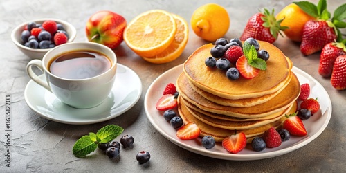 A delicious breakfast spread with pancakes, fresh fruits, and coffee , morning, breakfast, pancakes, syrup, fresh, fruits
