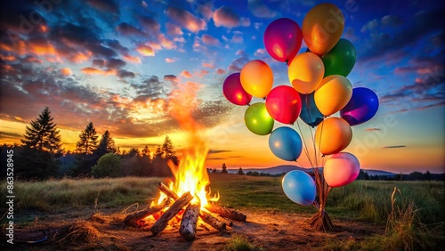 A festive celebration with colorful lit balloons surrounding a bonfire at dusk, feast, S?o Jo?o, Festa Junina, bonfire