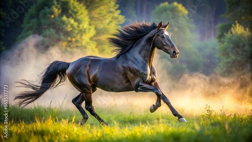 Majestic black warmblood horse gallops freely in a serene morning field, its mane and tail flowing in the wind, surrounded by lush greenery and dew.