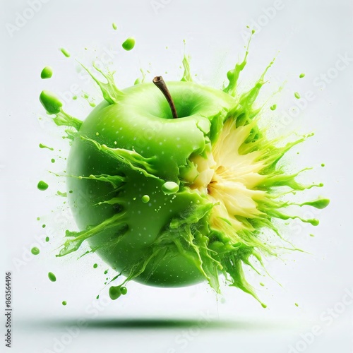 Explosive Freshness: Green Apple Burst on White Background