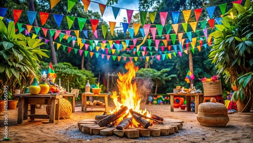Traditional Brazilian June party bonfire, S?o Jo?o arrai? celebration with colorful decorations, music