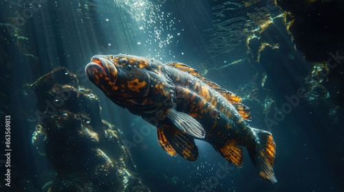 Near an underwater volcanic vent, a coelacanth moves slowly, its prehistoric appearance and textured skin illuminated by the glowing, sulfurous waters.
