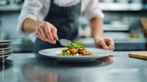 A chef plating a gourmet dish in a professional kitchen