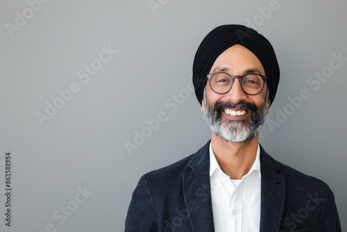 Cheerful Sikh Man Wearing Traditional Turban and Modern Business Attire