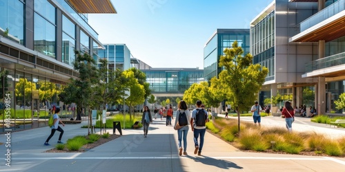 Students walking on a modern university campus on a sunny day with green landscapes, buildings, and pathways AIG59