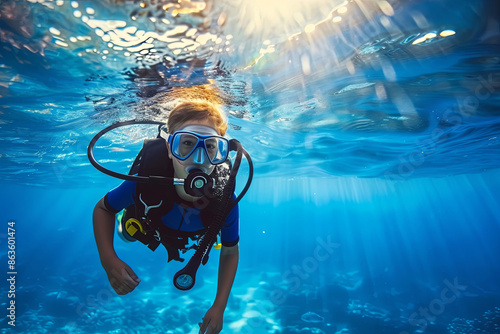 Child scuba diver underwater in the ocean, adventure and exploration