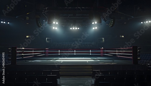 An empty boxing ring with spotlights above, ready for a fight