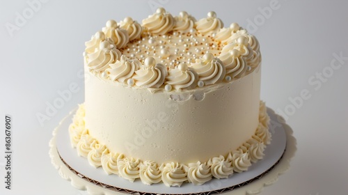 A classic vanilla sponge cake with delicate buttercream frosting, decorated with piped rosettes and edible pearls, showcased against a clean white backdrop.