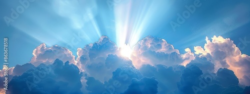  A blue sky dotted with clouds, harboring a radiant beam emanating from the cloud mass's heart