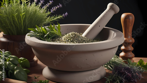 mortar and pestle with herbs 8k