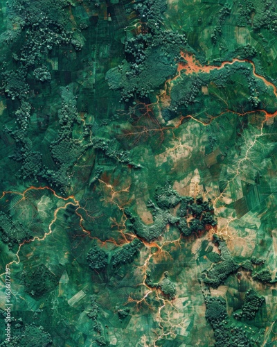 A high-resolution satellite image showcasing extensive deforestation, highlighting the stark contrast between lush green forests and barren, cleared land