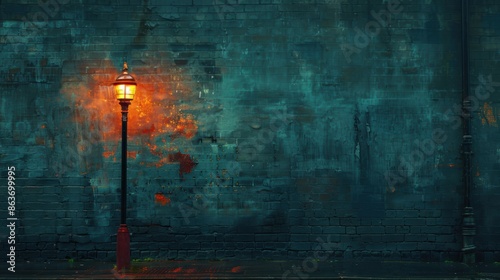 A street scene at night with a brick wall illuminated by a single street lamp. 