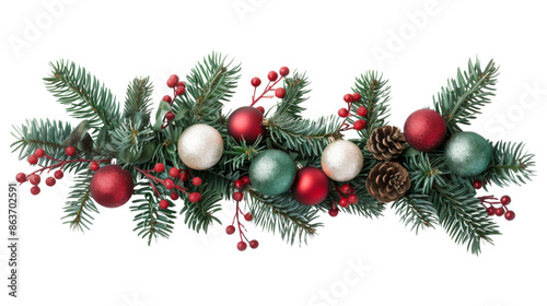 Christmas Branches Border with Christmas Decorations on Transparent Background