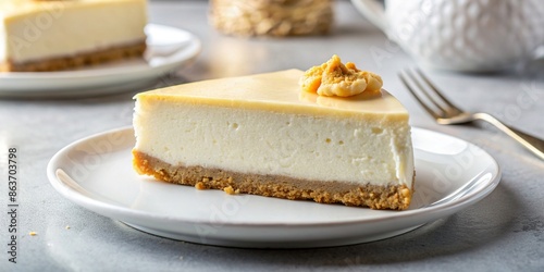 Delicious slice of creamy cheesecake with a graham cracker crust on a white plate , dessert, sweet, indulgent, treat, cake, bakery