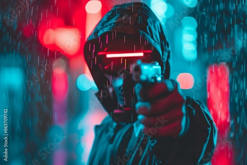 Cyberpunk vigilante with neon lights aiming a gun