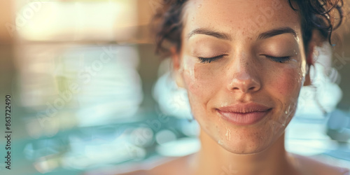 Woman with closed eyes smiles near water after spa treatment