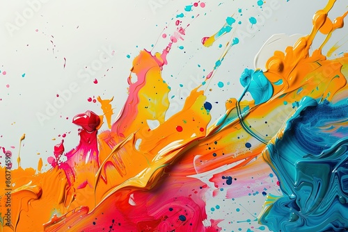an abstract painting of multicolored paint splattered on a white background