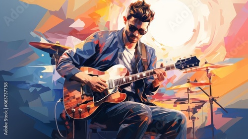 Musician performing songs from a new album, new album, art and performanceVector graphic illustration appropriate to the content