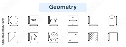 Geometry set icon. Circle, square feet, square meter, dimension arrows, triangle, cylinder, diagonal, house, striped circle, striped square. Geometric shapes, measurement, spatial awareness