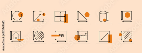 Geometry set icon. Square feet, square meters, circle, triangle, rectangle, dimension, measure, volume, area, length, width. Mathematical shapes, measurements concept.