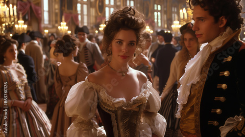 woman and man in regency outfits at an elaborate ball, surrounded by people wearing fancy , in the grand hall of castle