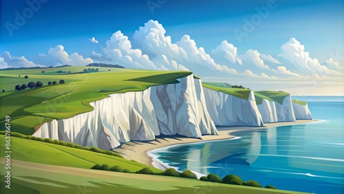 A serene flat illustration of iconic White Cliffs of Dover against a bright blue sky with lush green grasslands below.