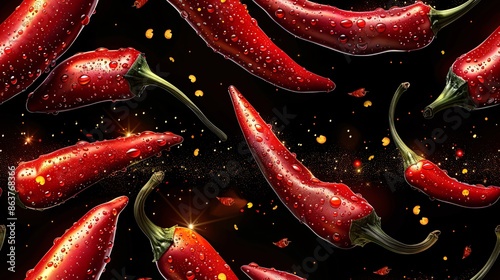 Bold and vibrant chili pepper pattern on a dark backdrop, perfect for culinary and spicy food themes.