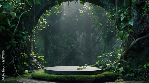 A circular platform sits in a lush, green, jungle-like setting. Sunlight streams through the foliage, highlighting the platform.