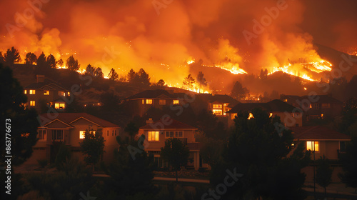 Fierce wildfire closing in on neighborhood, smoke billowing as flames draw near homes and trees.