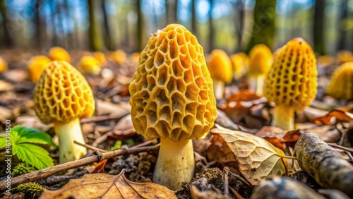 Vibrant yellow morel mushrooms with honeycomb appearance sprouting from Indiana backyard soil amidst fallen leaves and twigs in early spring morning.