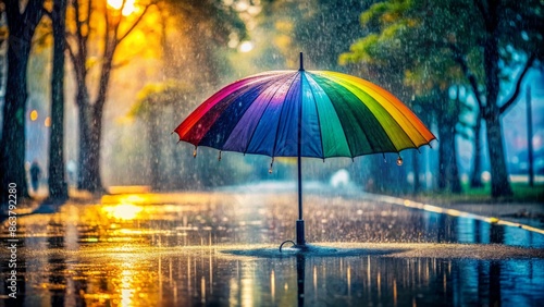 Colorful umbrella stands alone on wet pavement, raindrops glisten on its canopy, misty background captures intensity of monsoon season shower.