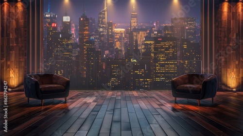 Empty talk show set with cityscape background and couches.Concept of Silent Studio Setting, Empty Talk Show Stage, Waiting for Stories, Wood-Floored Spotlight, Behind the Scenes Quiet