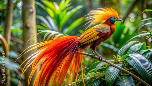 Exotic bird of paradise with vibrant orange plumage and extravagant feathers set against a lush green tropical rainforest background.