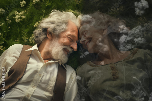 An elderly couple lies on the grass in the summer, concept of nostalgia for a dead loved one.