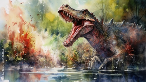 A watercolor painting of a Spinosaurus emerging from a swamp, its jaws agape and flames erupting from its throat