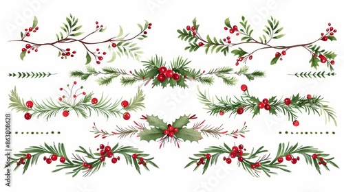 Decorative Christmas and wedding dividers, borders and delimiters, modern flourish vignettes and separators. Holly berry floral frame dividers for winter holiday decorations.