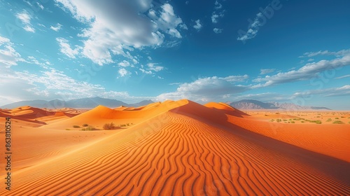 Sweeping sand dunes in a vast desert landscape, with intricate patterns formed by the wind and a clear blue sky.