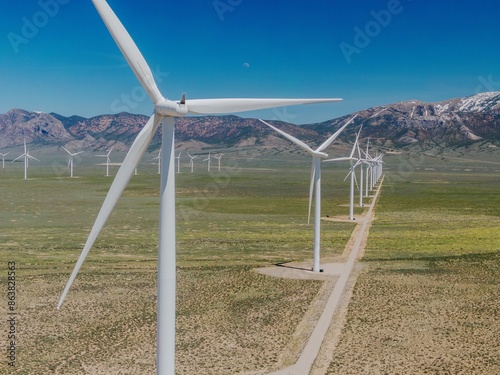 Spring Valley Wind farm in the desert countryside and mountain range. Ely, Nevada, United States of America.