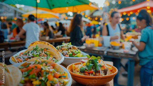 People enjoying street food tacos at a vibrant outdoor festival