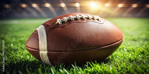 A close-up photo of American football on a grass field, American football, sport, game, competition, touchdown, field, helmet